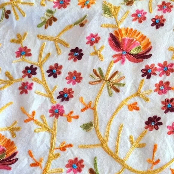 Boho Embroidered Wool Scarf Colorful Floral Cream Raw Edges Large 70 Long x 20 - Picture 6 of 12